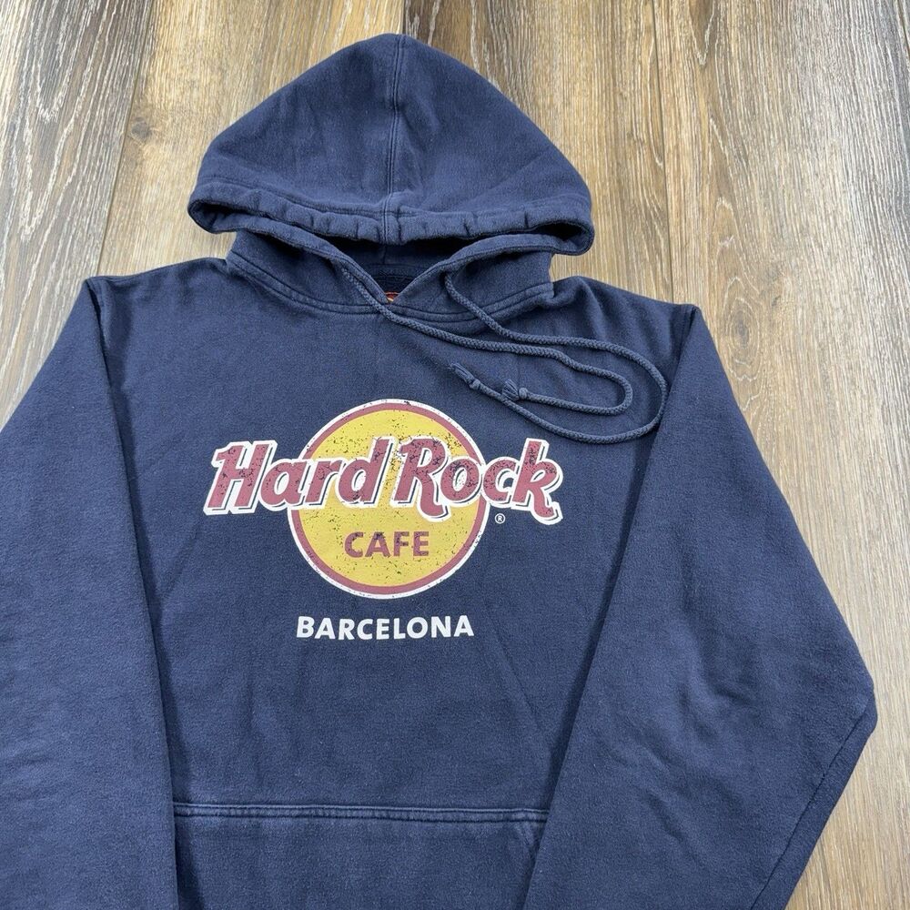 Vintage Hard Rock Cafe Hoodie Mens L Navy Blue Barcelona City Logo Sweater Y2K